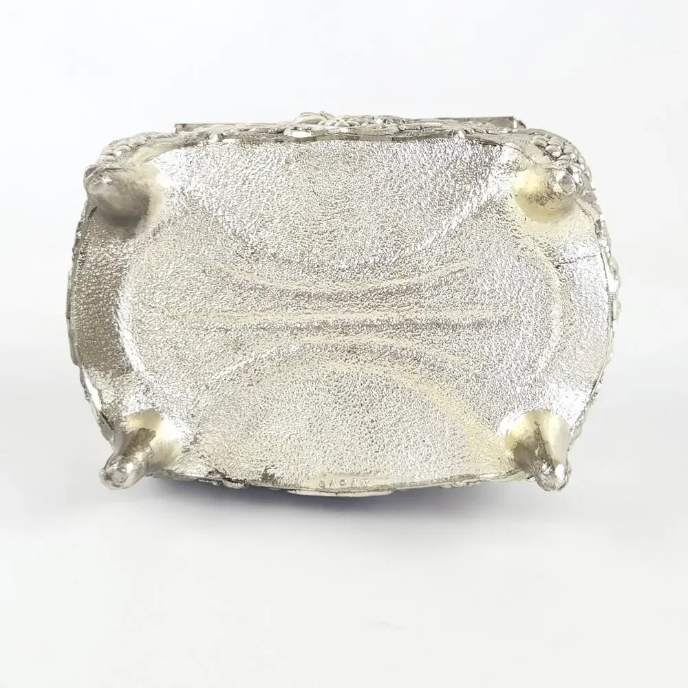 VTG Silver Tone Ornate Footed Jewelry Trinket Box Lined Victorian Cottage 4x2.5